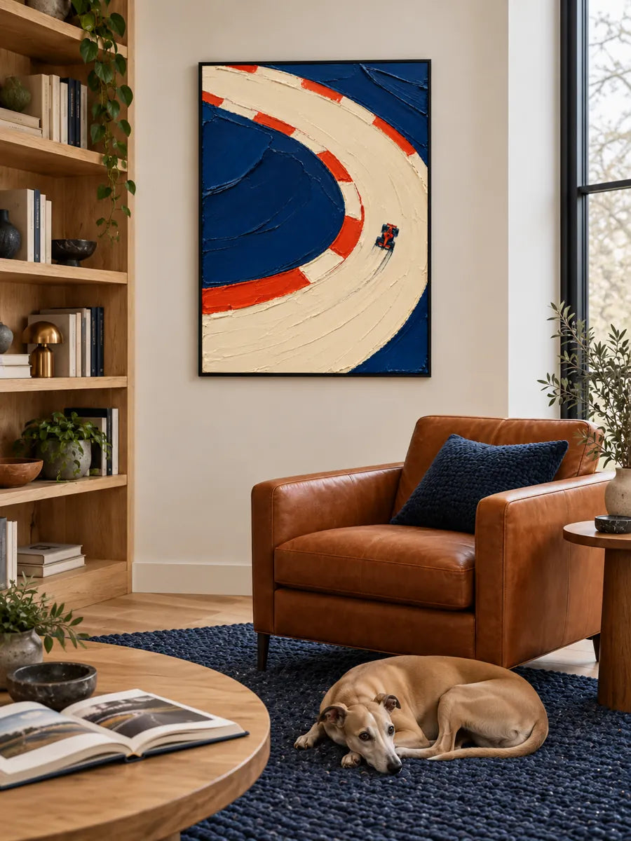 F1 Racing Car Impasto Canvas Painting With Bold Blue And Red Colors
