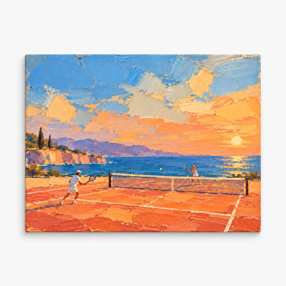Tennis On Clay Court By The Sea Hand-Painted Canvas Art In Orange And Blue