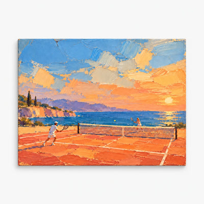 Tennis On Clay Court By The Sea Hand-Painted Canvas Art In Orange And Blue