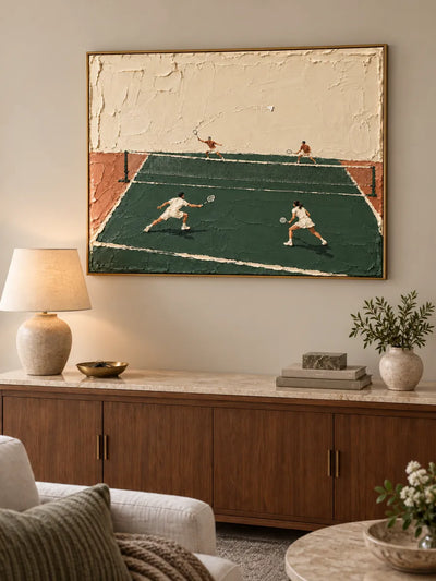 Hand-Painted Badminton Court Art With Impasto Texture In Green And Beige