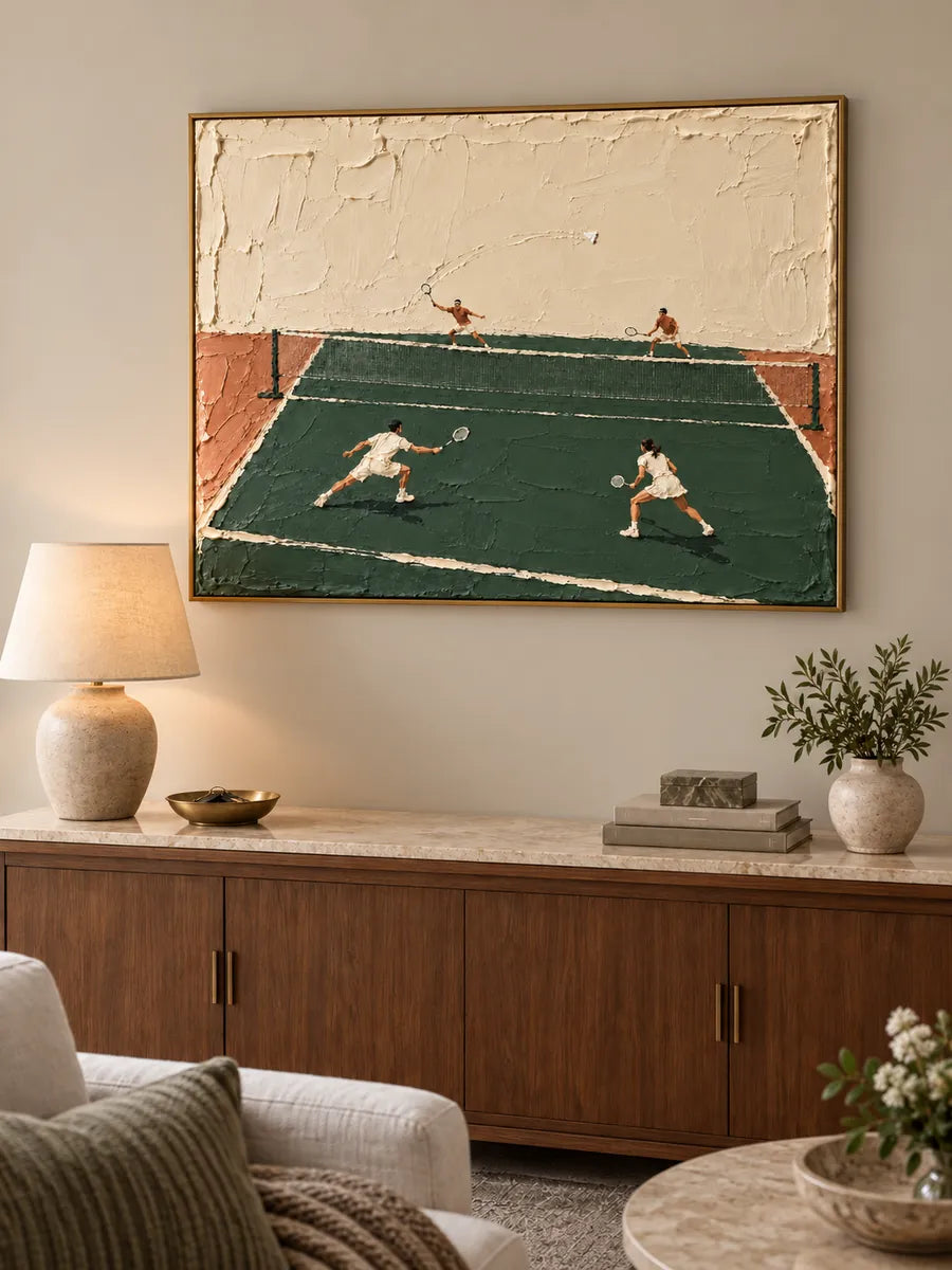 Hand-Painted Badminton Court Art With Impasto Texture In Green And Beige