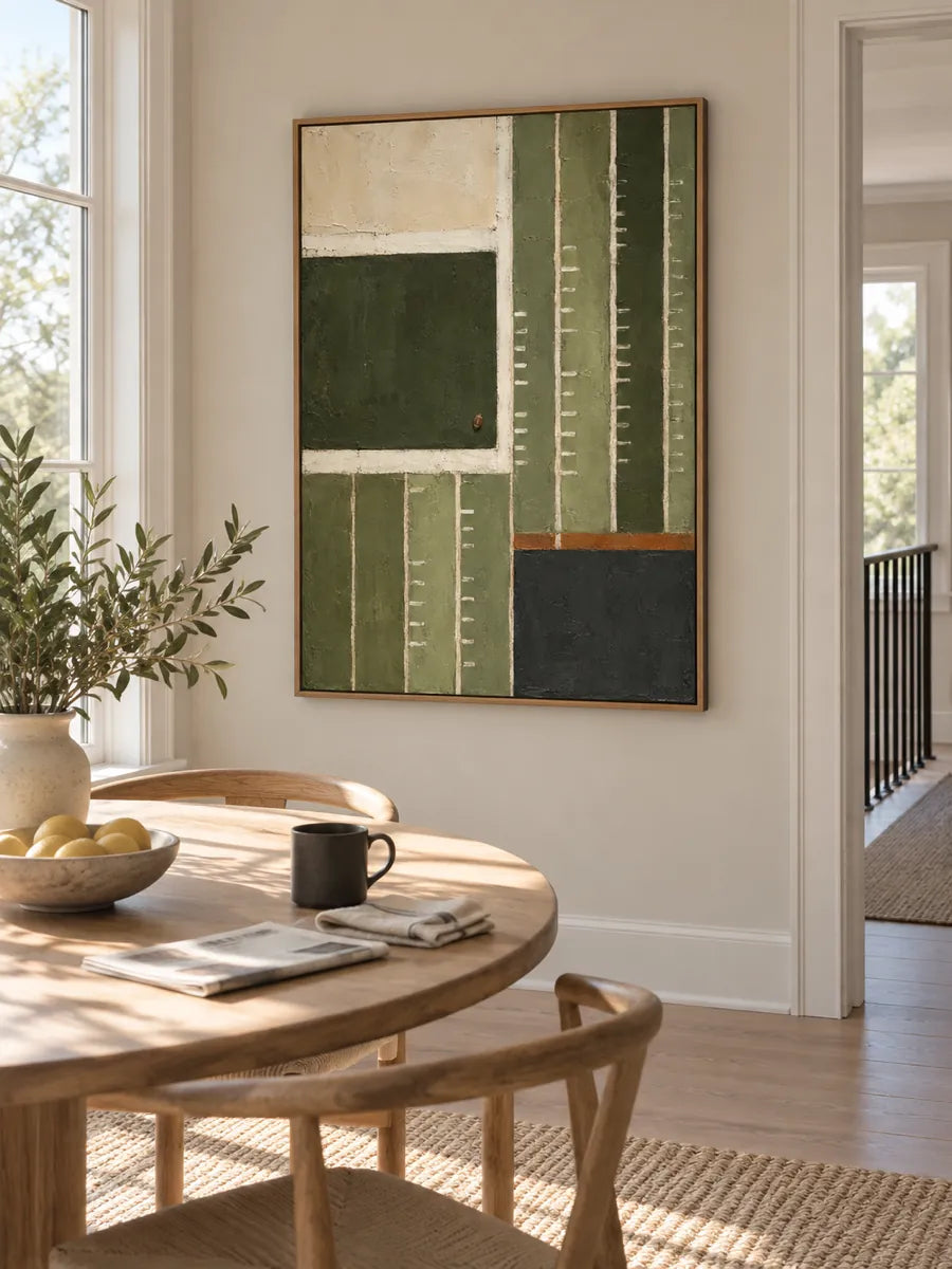 Abstract Geometric Canvas Painting Inspired By Football Field In Green And Beige