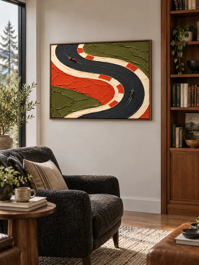 F1 Racing Track Impasto Canvas Painting With Orange And Green
