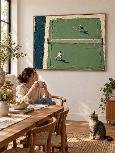 Hand-Painted Tennis Match Impasto Canvas Art In Green And White
