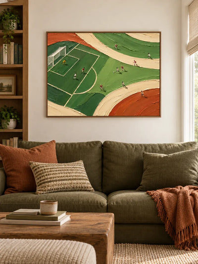 Hand-Painted Football Match Canvas Art With Green And Orange Impasto