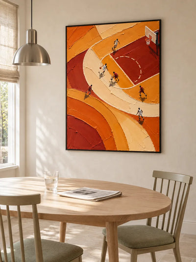 Hand-Painted Basketball Court Art With Bold Orange Impasto Texture