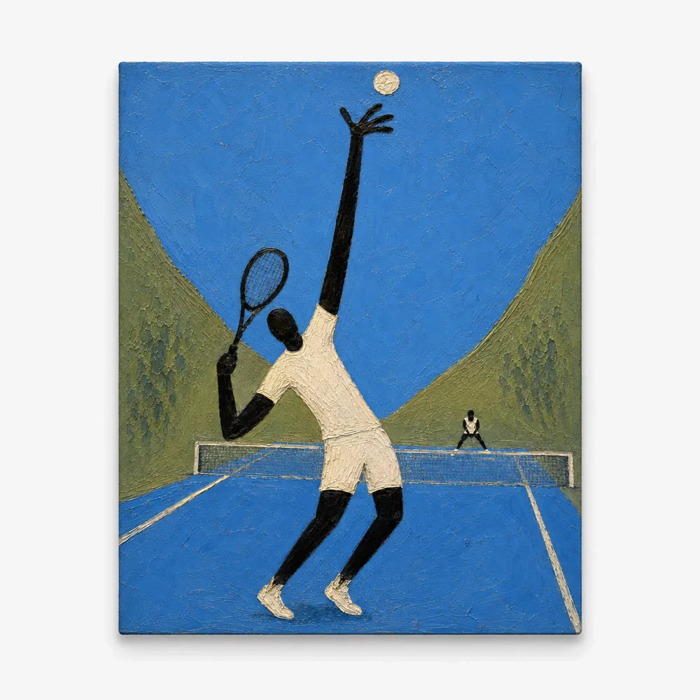 Hand-Painted Tennis Player Art With Giant Figure On Blue Court Canvas