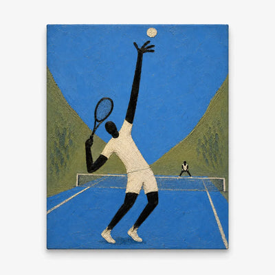 Hand-Painted Tennis Player Art With Giant Figure On Blue Court Canvas