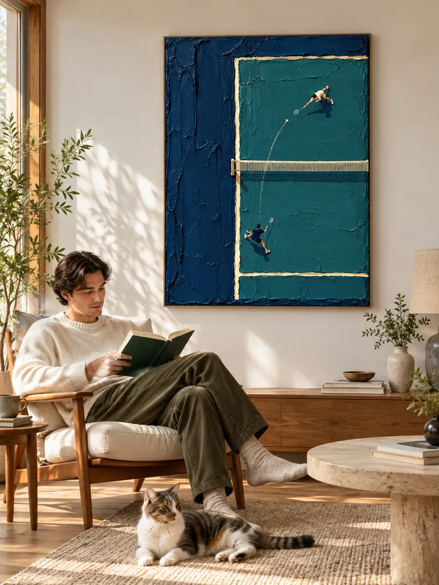 Badminton Impasto Canvas Painting With Blue Green Textured Motion For Sports Lovers