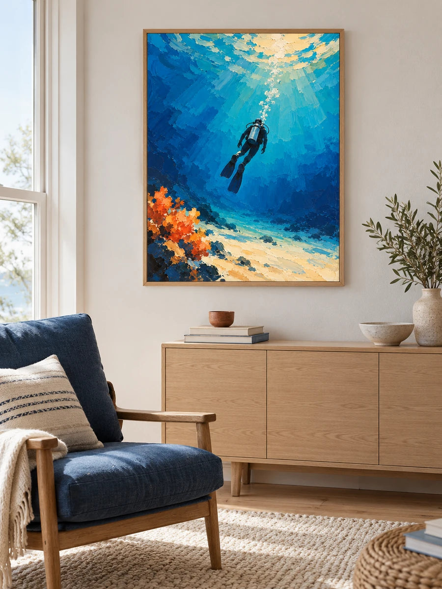 Hand-Painted Scuba Diver Canvas Painting Blue Ocean Impressionist Wall Art