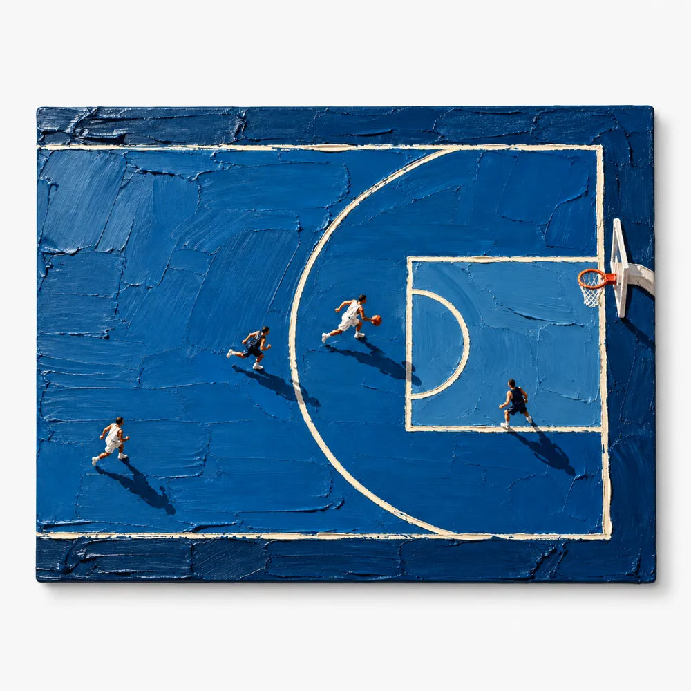Hand-Painted Basketball Court Art With Impasto Texture And Blue Tones