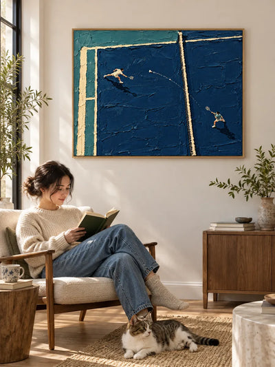 Badminton Impasto Painting Blue Court Hand-Painted Canvas Wall Art