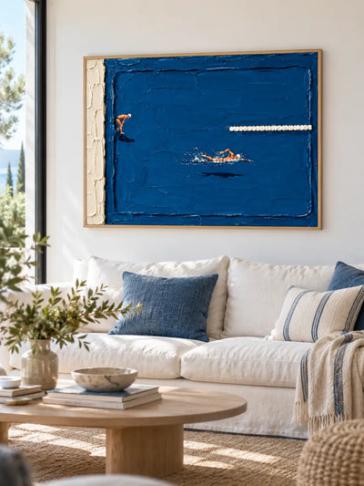 Swimming Pool Impasto Canvas Painting Hand-Painted Blue White Sport Art