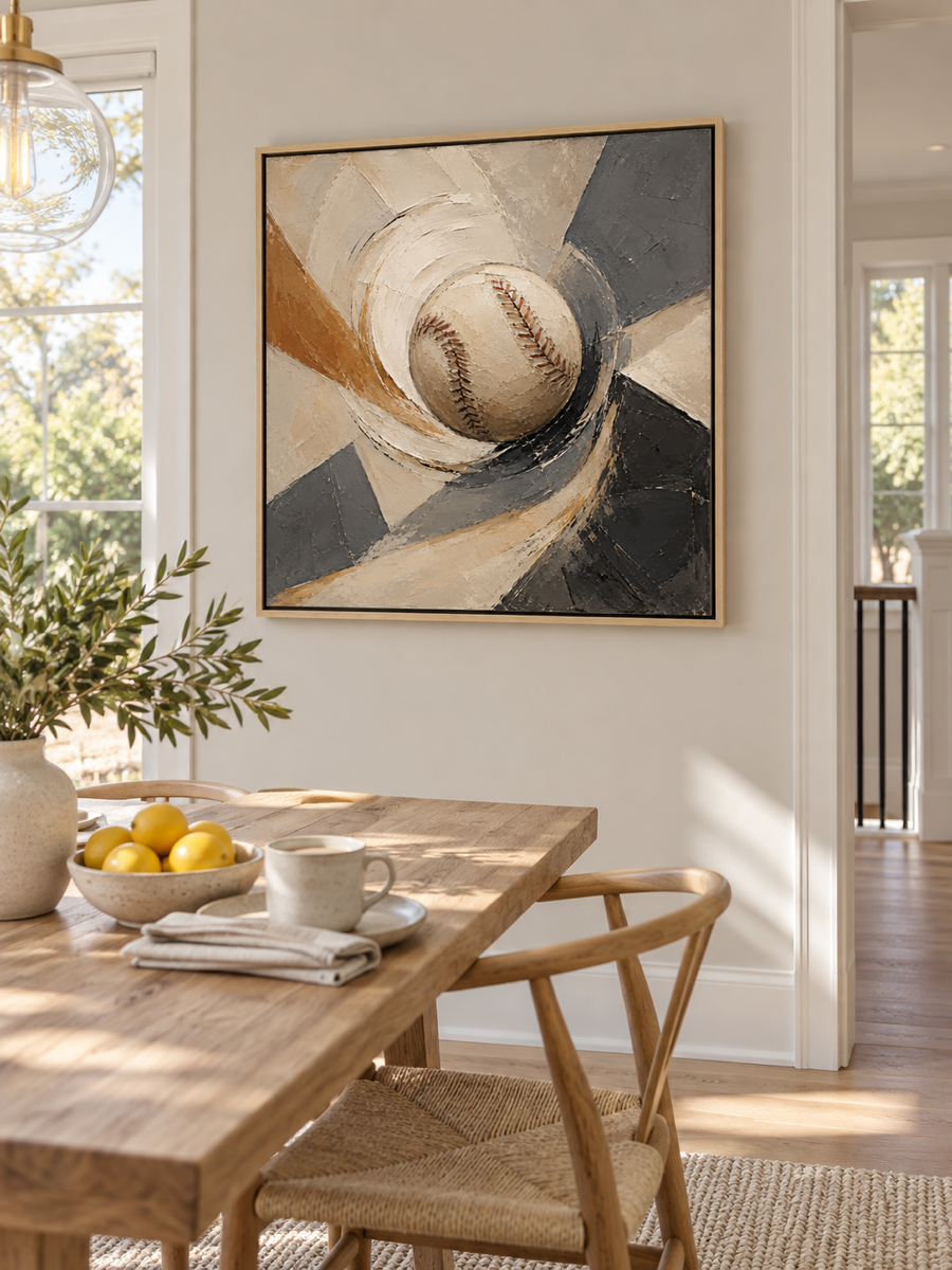 Abstract Baseball Canvas Painting Geometric Sports Art In Beige And Black