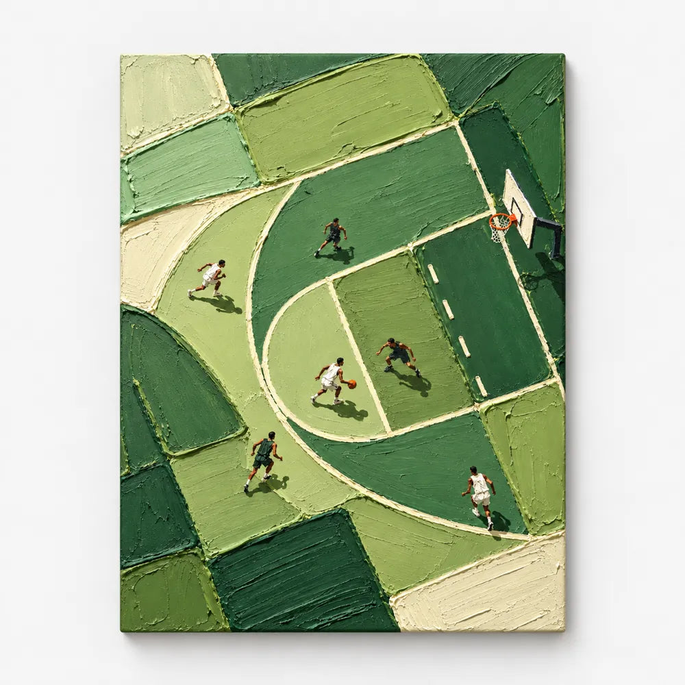 Hand-Painted Basketball Court Art With Impasto Texture Green Canvas Painting