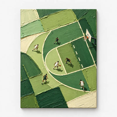 Hand-Painted Basketball Court Art With Impasto Texture Green Canvas Painting