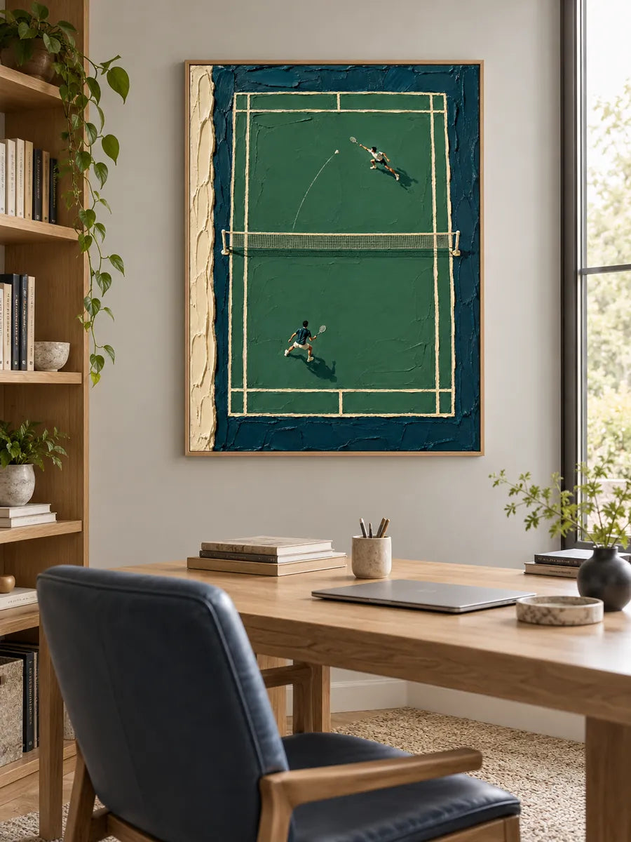Badminton Match Impasto Canvas Painting With Green Court And Textured Strokes