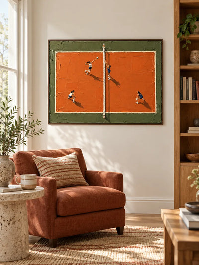 Hand-Painted Volleyball Match Canvas Art With Orange Clay Court And Impasto Texture