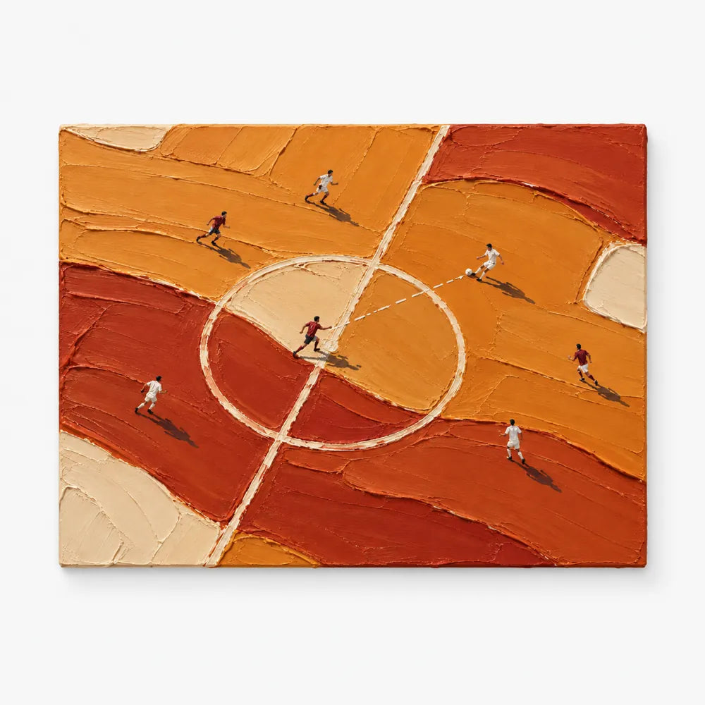 Hand-Painted Soccer Field Canvas Art With Thick Impasto Texture In Orange Tones