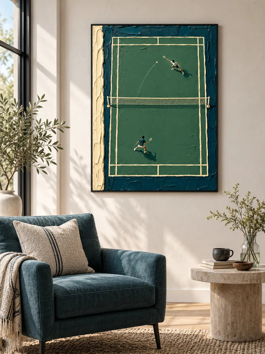 Badminton Match Impasto Canvas Painting With Green Court And Textured Strokes