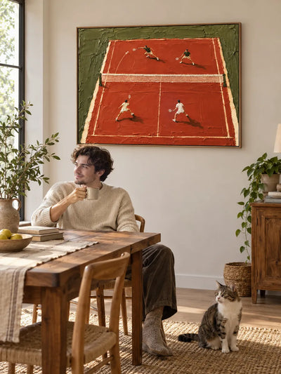 Modern Impasto Sports Painting Of Doubles Match On Clay Court