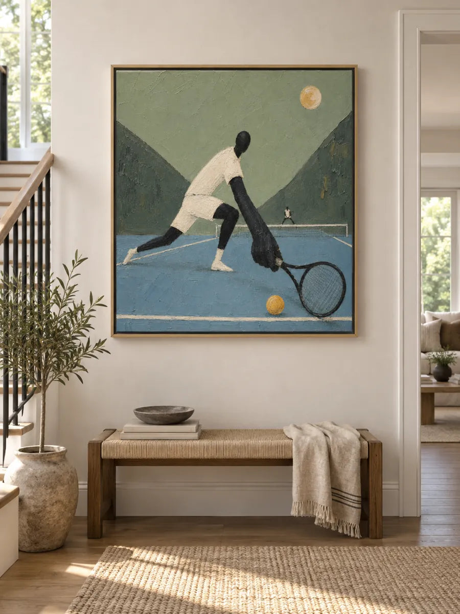 Surreal Tennis Player Canvas Painting With Giant Limbs And Textured Court