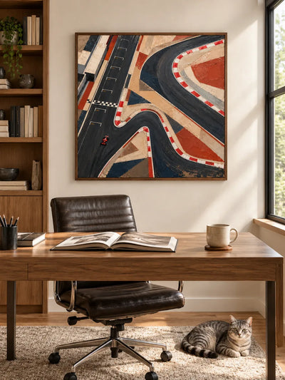 Hand-Painted F1 Racing Track Art With Red And Black Geometric Design