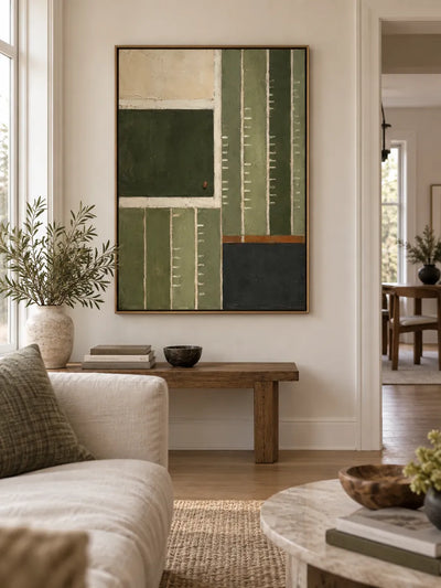 Abstract Geometric Canvas Painting Inspired By Football Field In Green And Beige