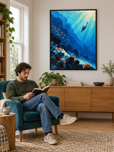 Hand-Painted Diver And Coral Reef Canvas Painting In Blue And Orange