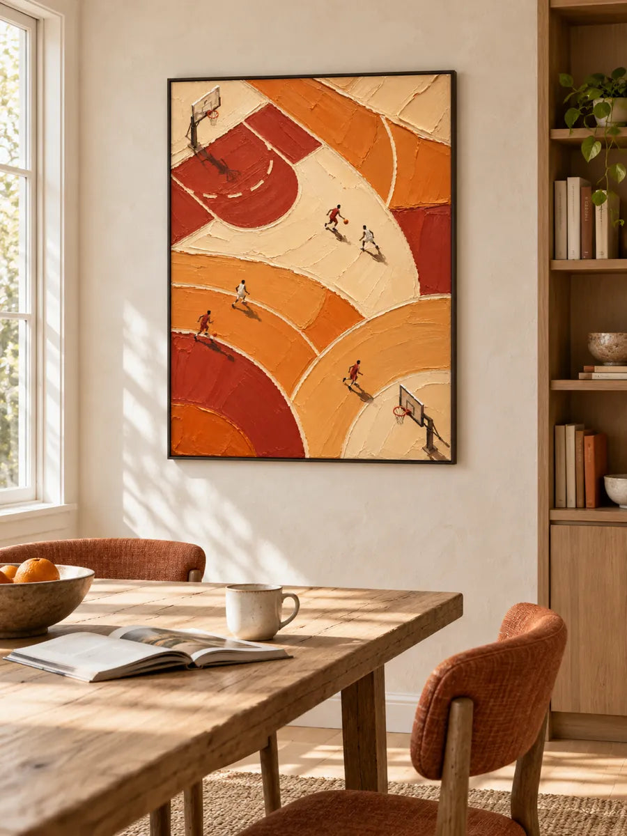 Hand-Painted Basketball Court Art With Impasto Texture In Orange