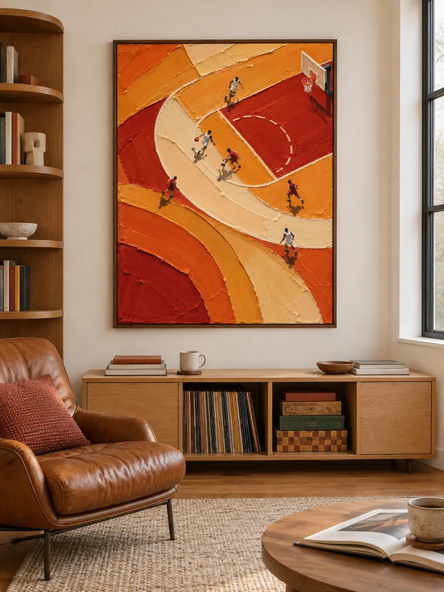 Hand-Painted Basketball Court Art With Bold Orange Impasto Texture
