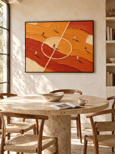 Hand-Painted Soccer Field Canvas Art With Thick Impasto Texture In Orange Tones