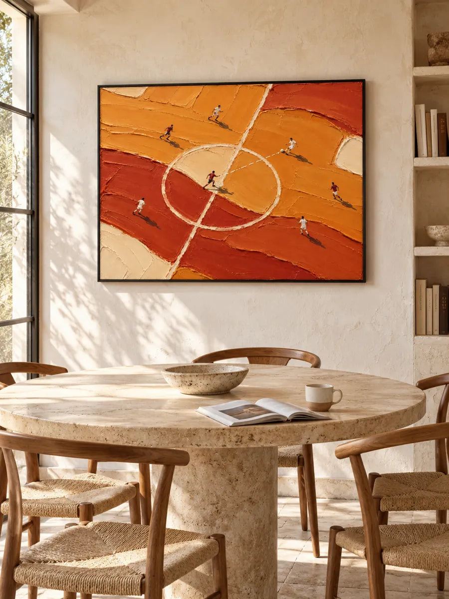 Hand-Painted Soccer Field Canvas Art With Thick Impasto Texture In Orange Tones