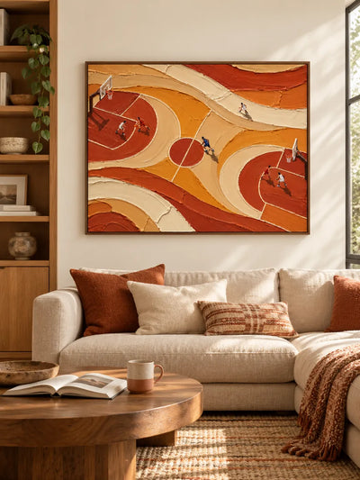 Hand-Painted Basketball Court Art With Impasto Texture For Sports Lovers