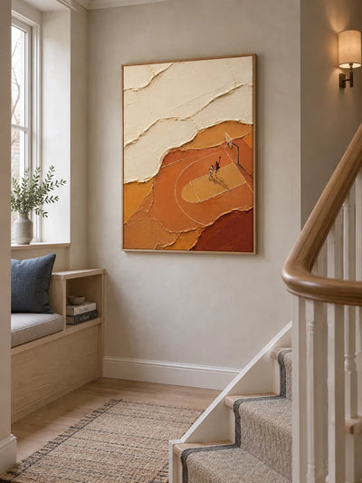 Abstract Basketball Court Painting With Tiny Players In Earth Tones