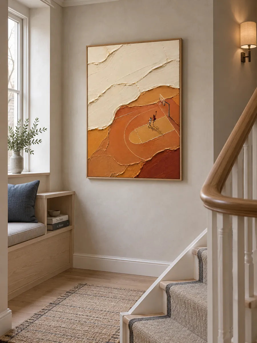 Abstract Basketball Court Painting With Tiny Players In Earth Tones