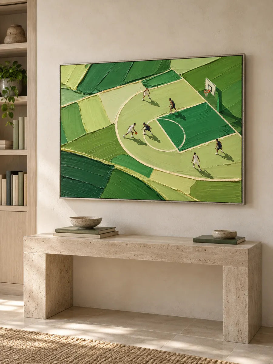 Hand-Painted Basketball Court Art With Green Impasto Texture For Sports Fans