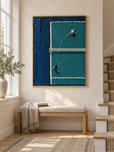Badminton Impasto Canvas Painting With Blue Green Textured Motion For Sports Lovers