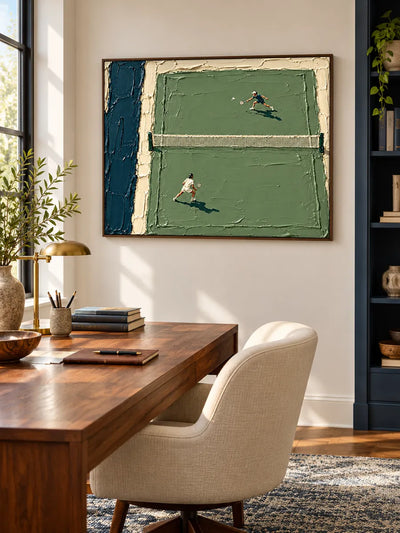 Hand-Painted Tennis Match Impasto Canvas Art In Green And White