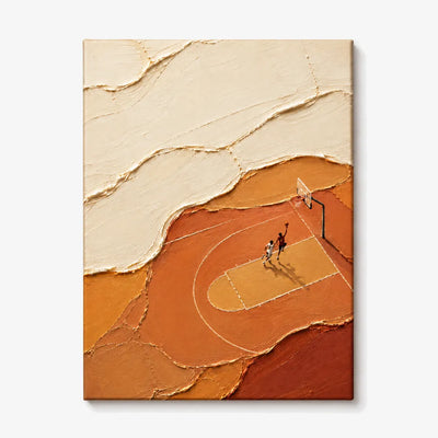 Abstract Basketball Court Painting With Tiny Players In Earth Tones