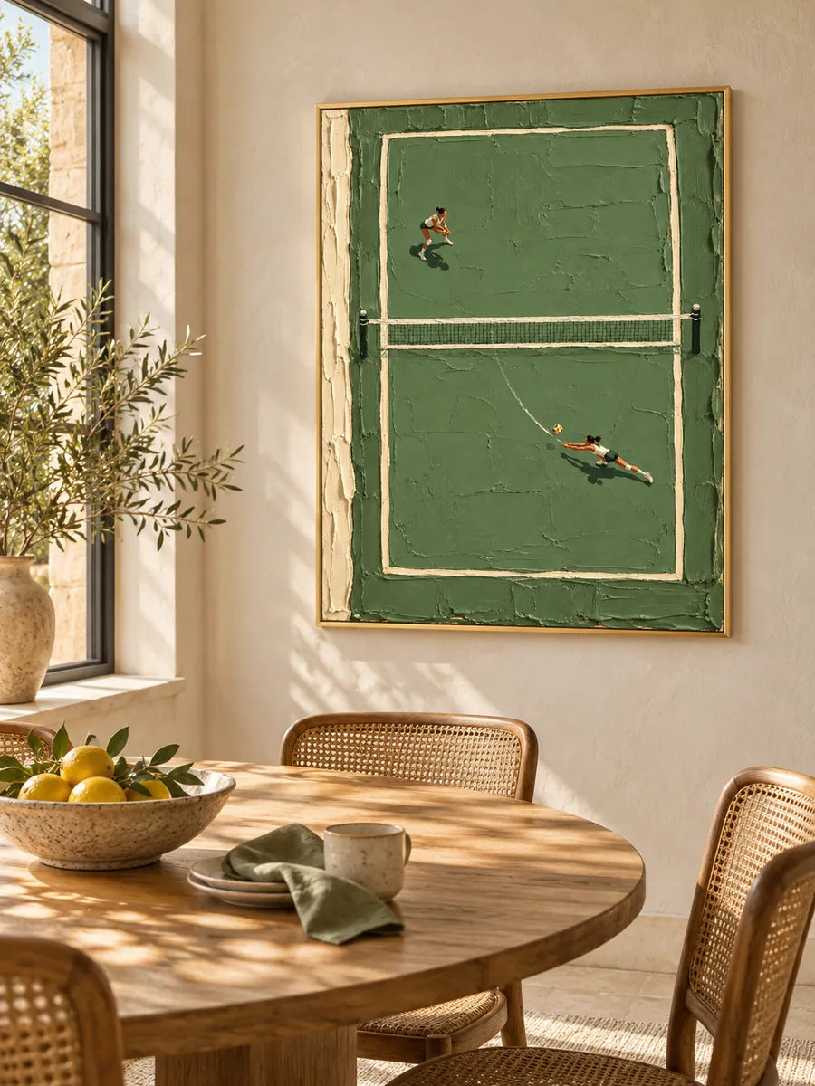 Hand-Painted Volleyball Court Art With Green Impasto Texture For Sports Fans