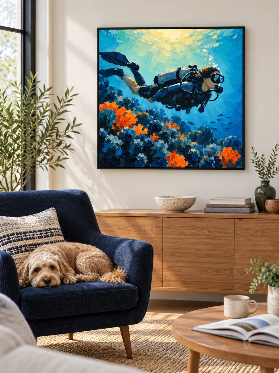 Impressionist Scuba Diver Canvas Painting With Coral Reef In Blue And Orange