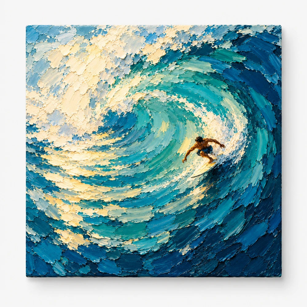 Surfer In Wave Canvas Painting Hand-Painted Blue And Gold Ocean Art