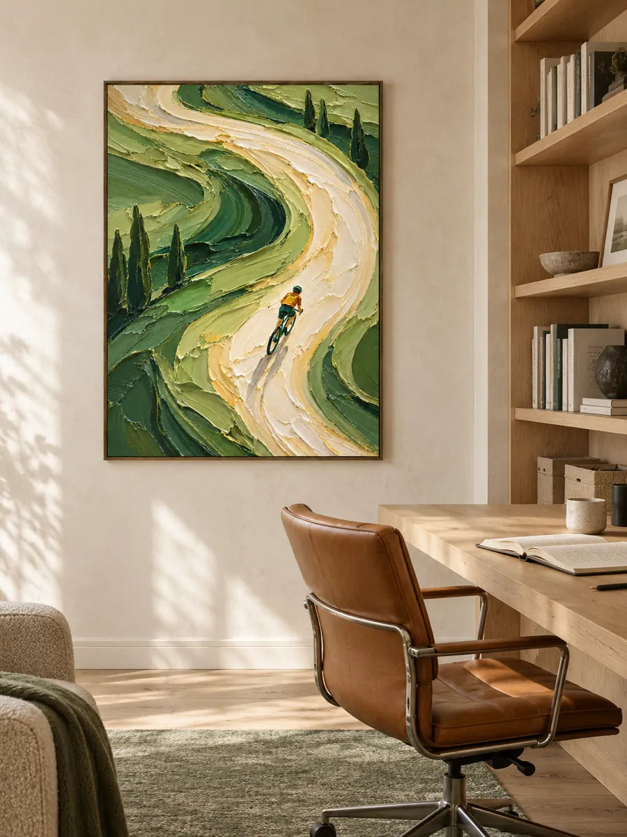 Cyclist On Winding Road Impasto Canvas Painting With Green Hills