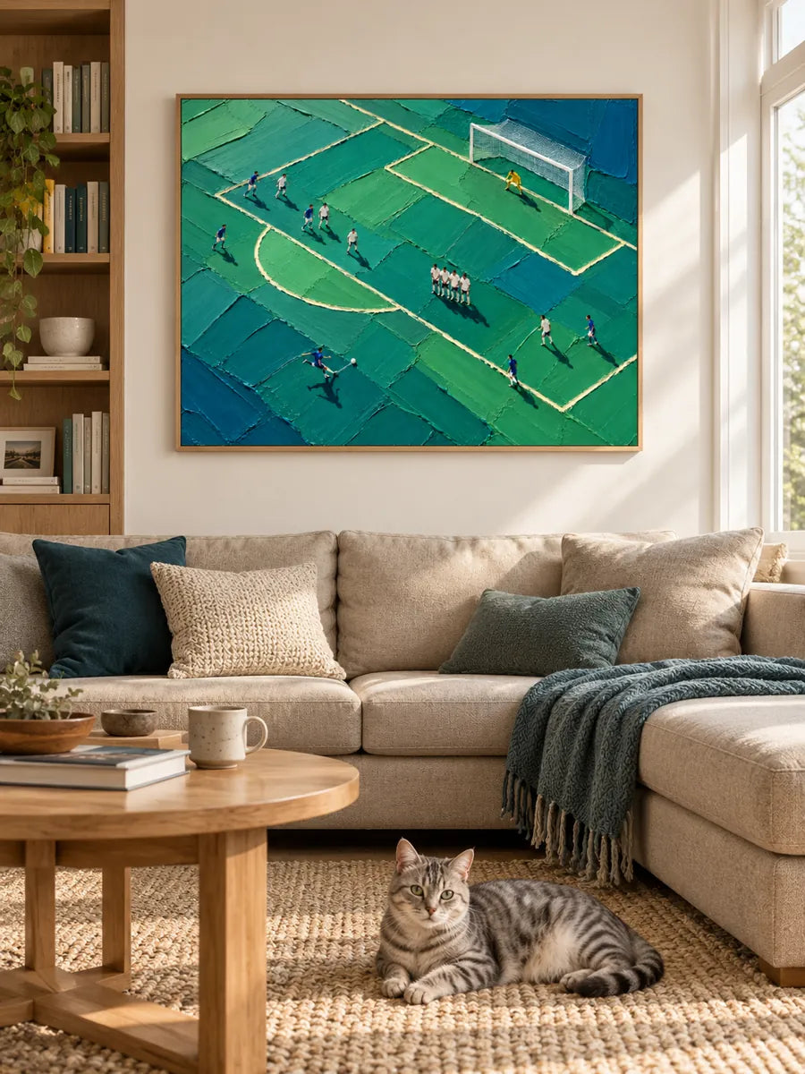 Hand-Painted Soccer Field Impasto Canvas Art With Green And Blue Tones