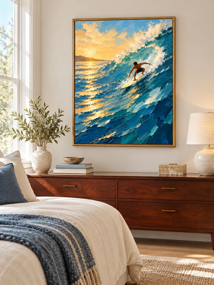 Surfer Riding Wave At Sunset Impressionist Canvas Painting