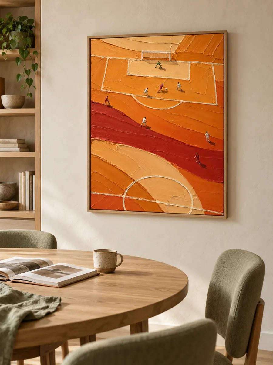 Hand-Painted Soccer Field Canvas Art With Thick Orange Impasto Texture