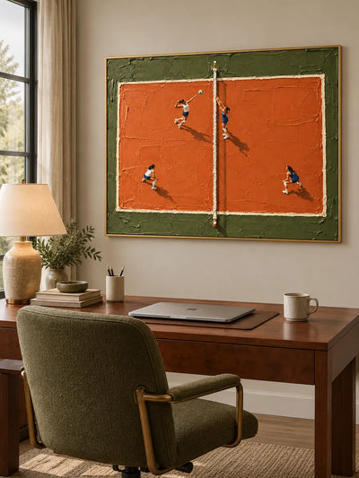 Hand-Painted Volleyball Match Canvas Art With Orange Clay Court And Impasto Texture