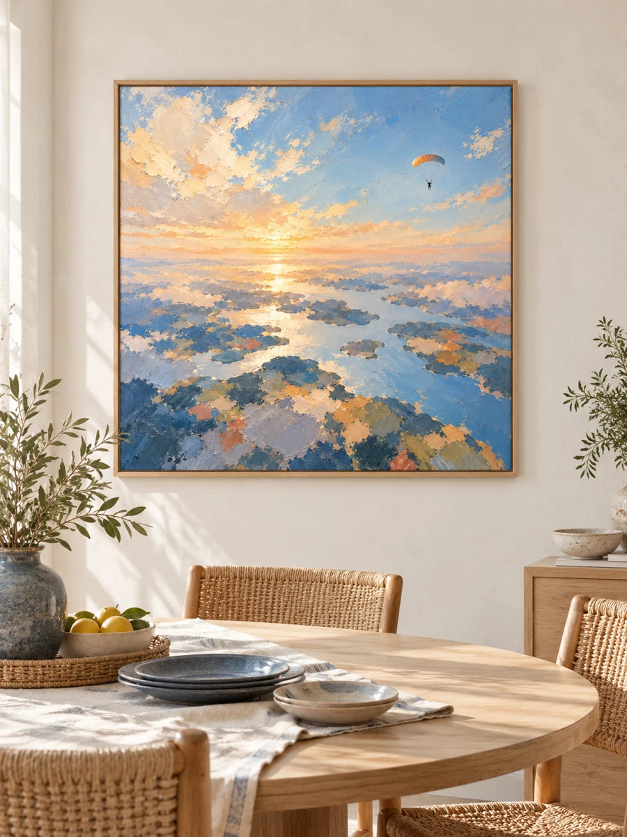 Hand-Painted Paragliding Canvas Art With Sunset Sky