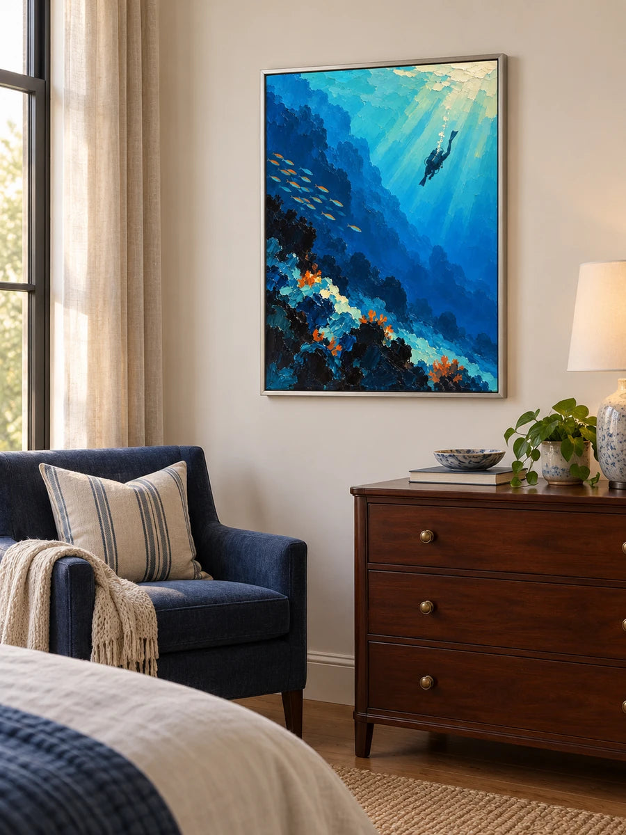 Hand-Painted Diver And Coral Reef Canvas Painting In Blue And Orange